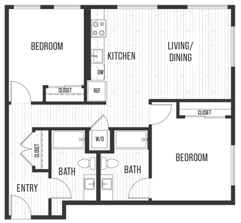 Floor plan for 2 beds, 2 baths, 1039 sqft